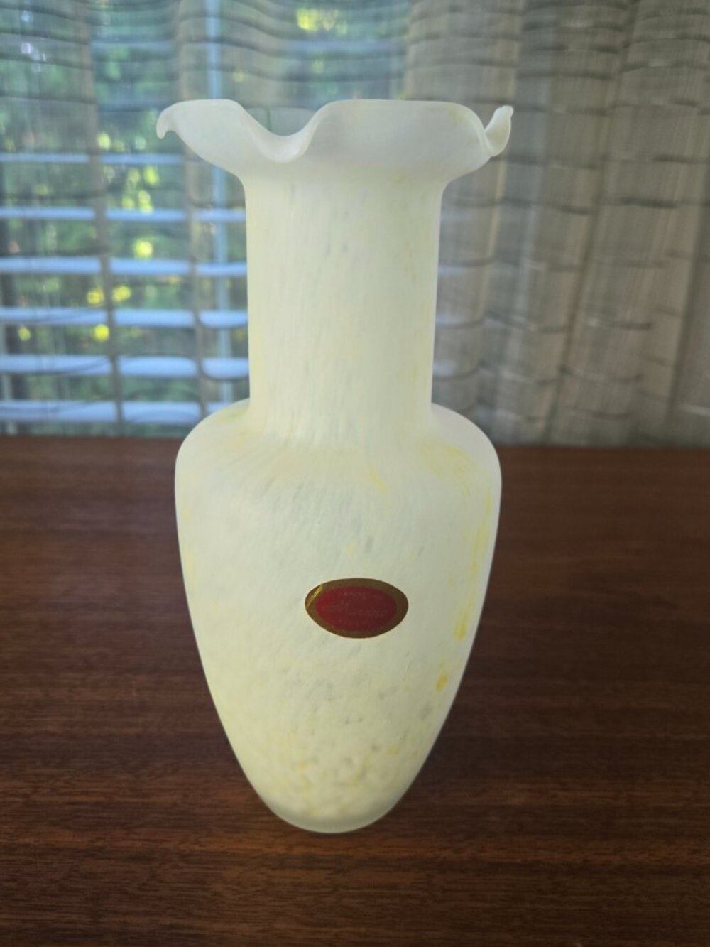 Murano Opaline Confetti Ruffled Rim Vase, VTG Hand Blown Art Glass Italy 8.25"
